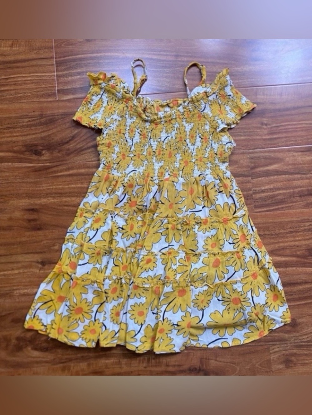 Angie Girls Gold White Floral Smock Tiered Mini Dress Size Large Cottagecore